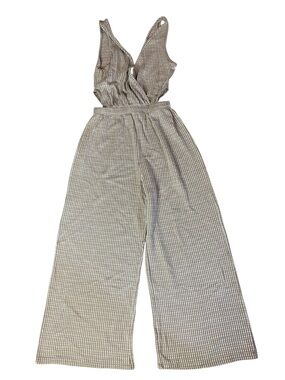 Caution to the Wind Tan & White Checkered Wide-Leg Jumpsuit Size Small
